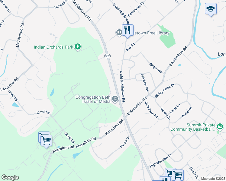 map of restaurants, bars, coffee shops, grocery stores, and more near 526 South New Middletown Road in Media