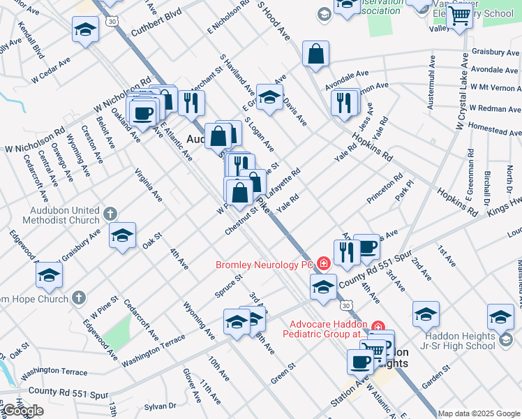 map of restaurants, bars, coffee shops, grocery stores, and more near 15 Lafayette Road in Audubon