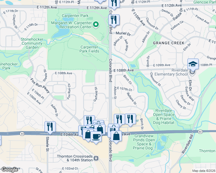 map of restaurants, bars, coffee shops, grocery stores, and more near 10719 Albion Street in Thornton