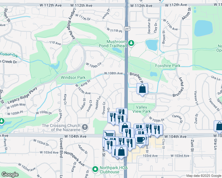 map of restaurants, bars, coffee shops, grocery stores, and more near 3023 West 107th Place in Westminster
