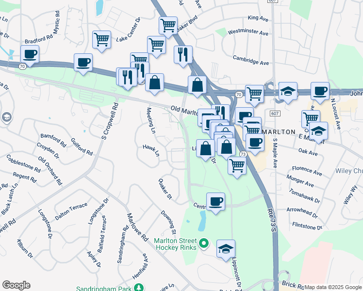 map of restaurants, bars, coffee shops, grocery stores, and more near 198 Hunter Court in Evesham