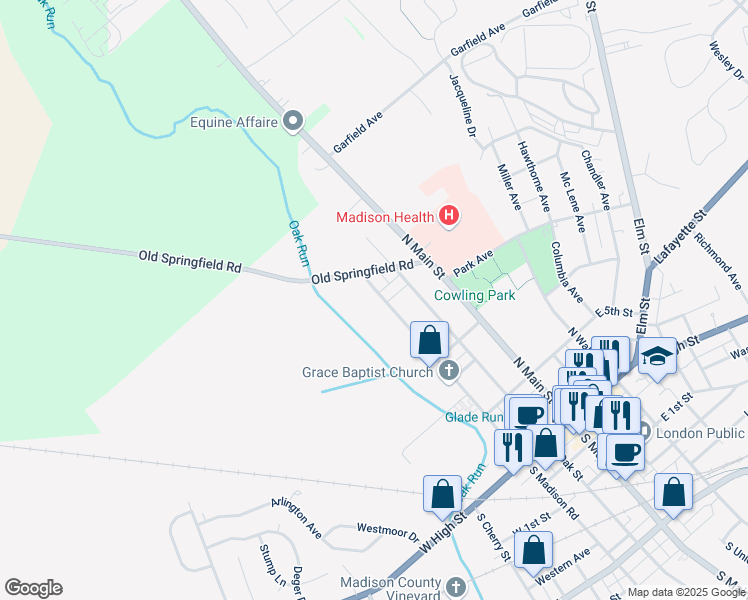 map of restaurants, bars, coffee shops, grocery stores, and more near 208 North Madison Road in London