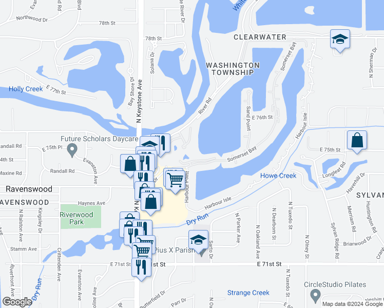 map of restaurants, bars, coffee shops, grocery stores, and more near 7608 Newport Bay Drive in Indianapolis