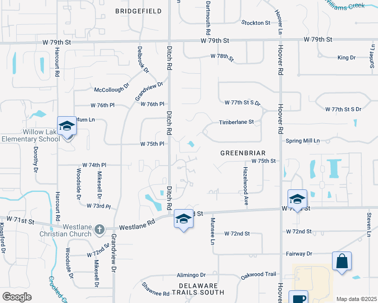 map of restaurants, bars, coffee shops, grocery stores, and more near 1311 75th Court in Indianapolis