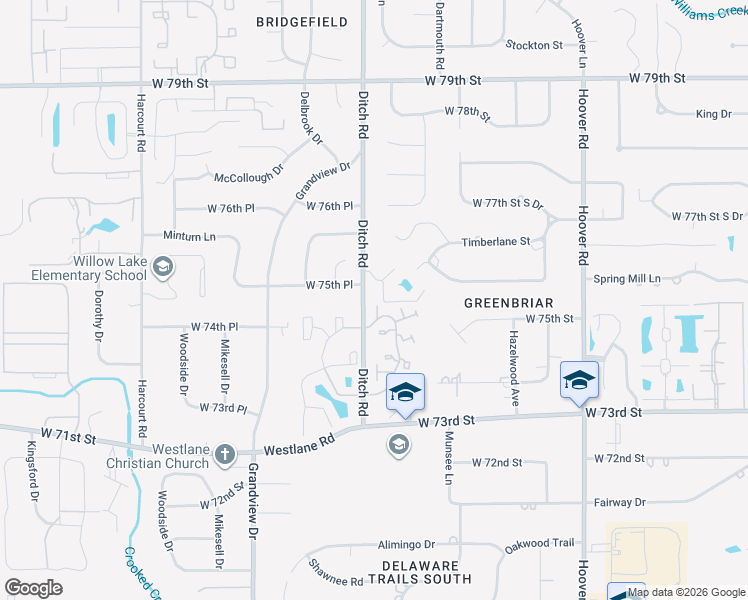map of restaurants, bars, coffee shops, grocery stores, and more near 1406 West 75th Place in Indianapolis