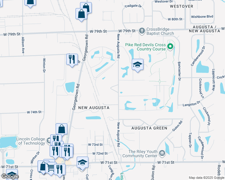map of restaurants, bars, coffee shops, grocery stores, and more near 4542-4548 San Gabriel Drive in Indianapolis