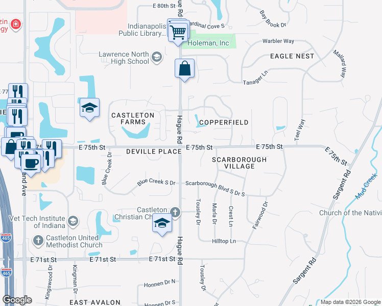 map of restaurants, bars, coffee shops, grocery stores, and more near 7719 East 75th Street in Indianapolis