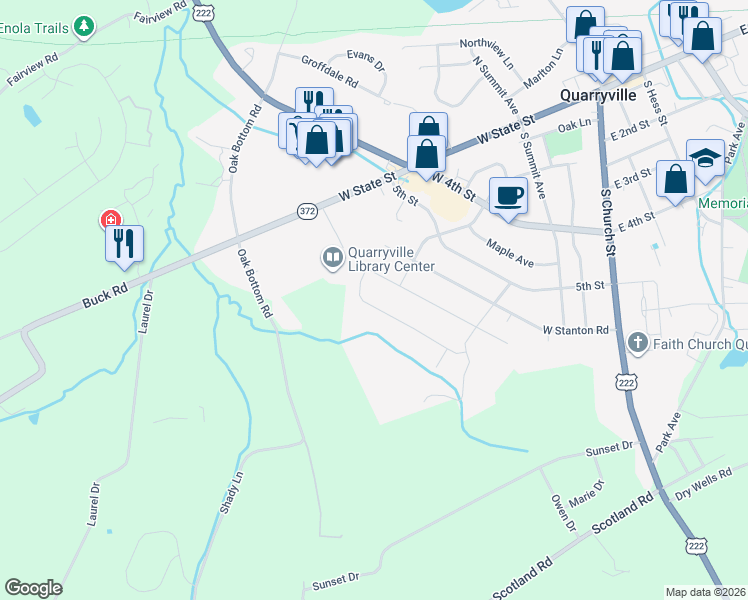 map of restaurants, bars, coffee shops, grocery stores, and more near 409 West Fritz Avenue in Quarryville