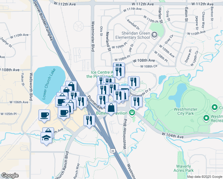 map of restaurants, bars, coffee shops, grocery stores, and more near 10516-10632 Westminster Boulevard in Westminster