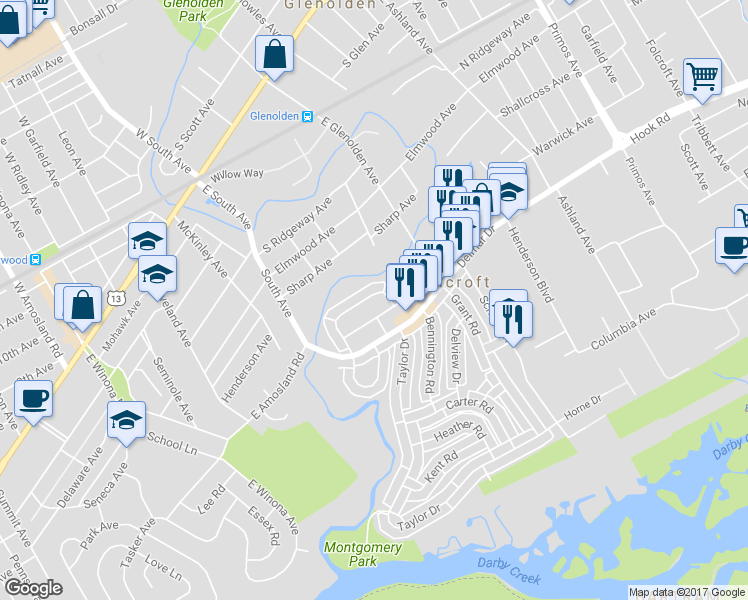 map of restaurants, bars, coffee shops, grocery stores, and more near 2029 Valleyview Drive in Folcroft