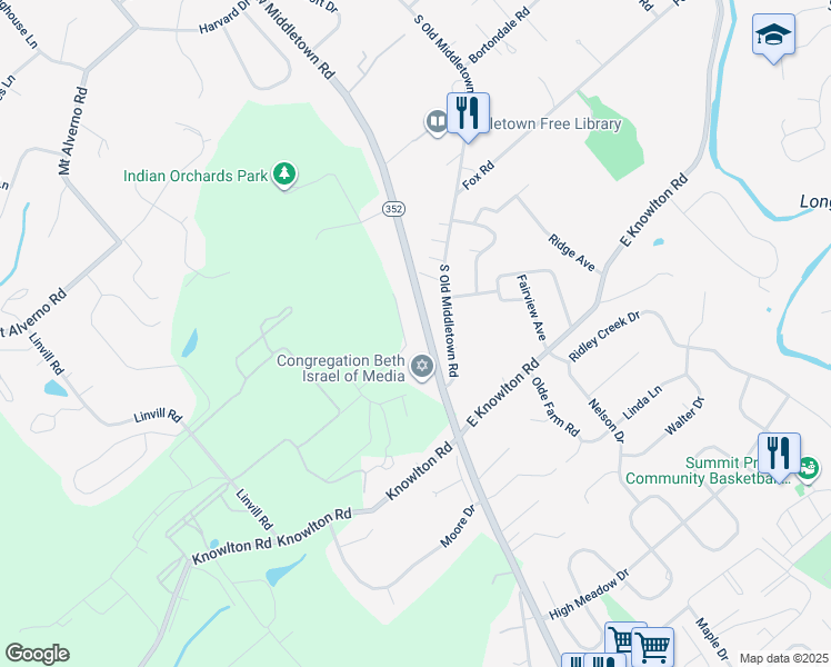 map of restaurants, bars, coffee shops, grocery stores, and more near 526 South New Middletown Road in Media