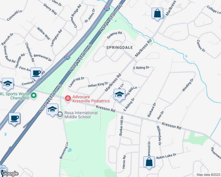 map of restaurants, bars, coffee shops, grocery stores, and more near 1309 Marlkress Road in Cherry Hill Township