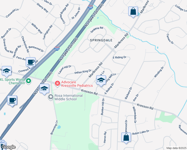 map of restaurants, bars, coffee shops, grocery stores, and more near 1309 Marlkress Road in Cherry Hill Township