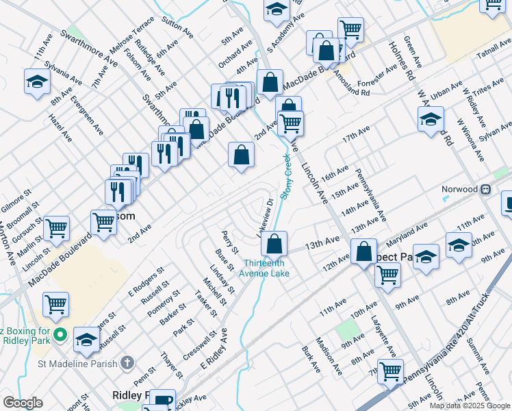 map of restaurants, bars, coffee shops, grocery stores, and more near 514 Parkview Circle in Ridley Park