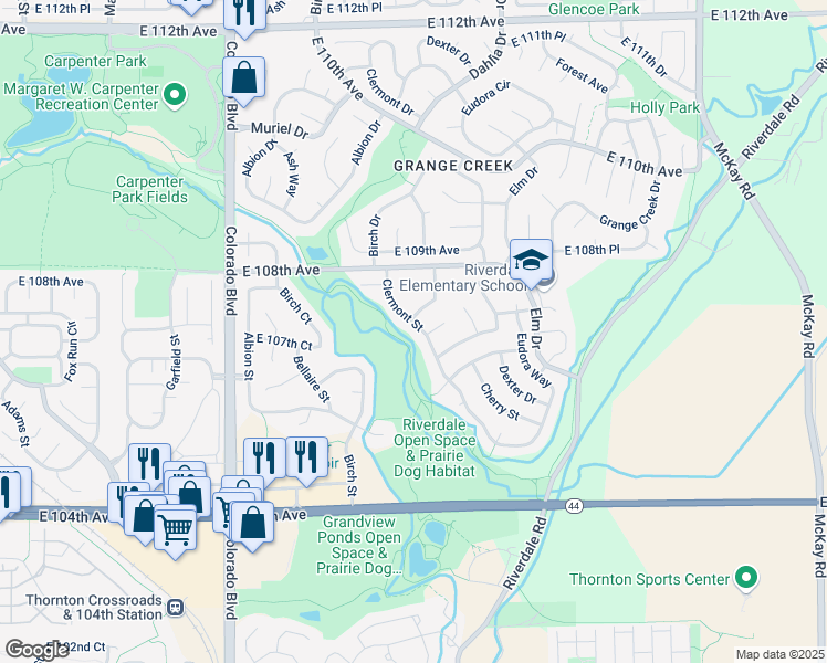map of restaurants, bars, coffee shops, grocery stores, and more near 10744 Cherry Street in Thornton