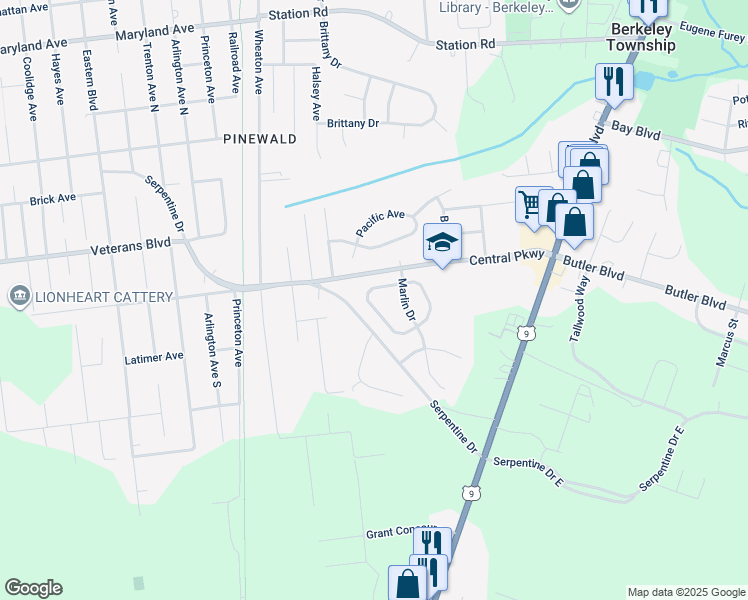 map of restaurants, bars, coffee shops, grocery stores, and more near 19 Dolphin Circle West in Berkeley Township