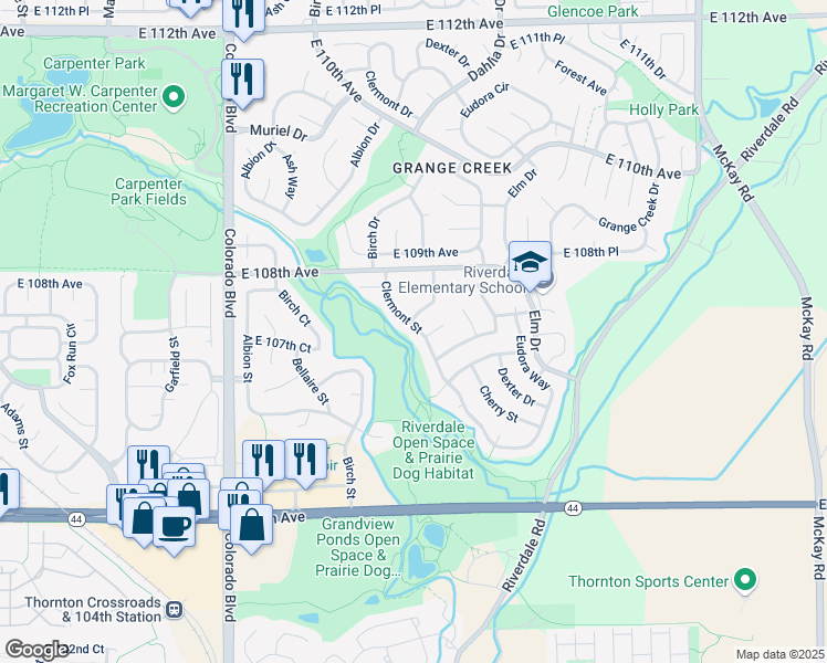 map of restaurants, bars, coffee shops, grocery stores, and more near 10744 Cherry Street in Thornton