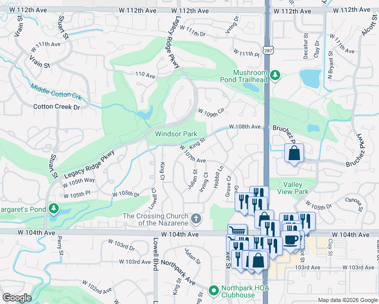 map of restaurants, bars, coffee shops, grocery stores, and more near 10736 King Street in Westminster