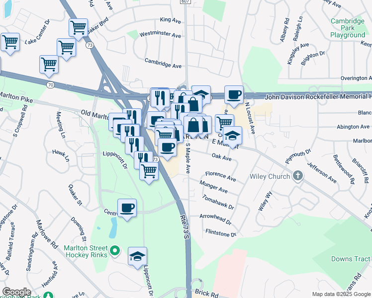 map of restaurants, bars, coffee shops, grocery stores, and more near in Evesham