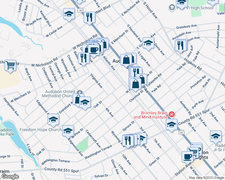 map of restaurants, bars, coffee shops, grocery stores, and more near 113 Oak Street in Audubon
