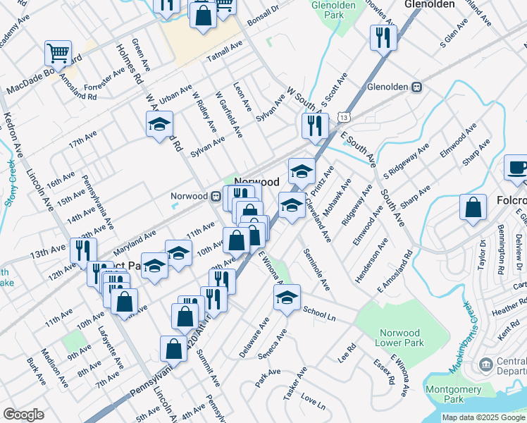 map of restaurants, bars, coffee shops, grocery stores, and more near 23 Garfield Avenue in Norwood
