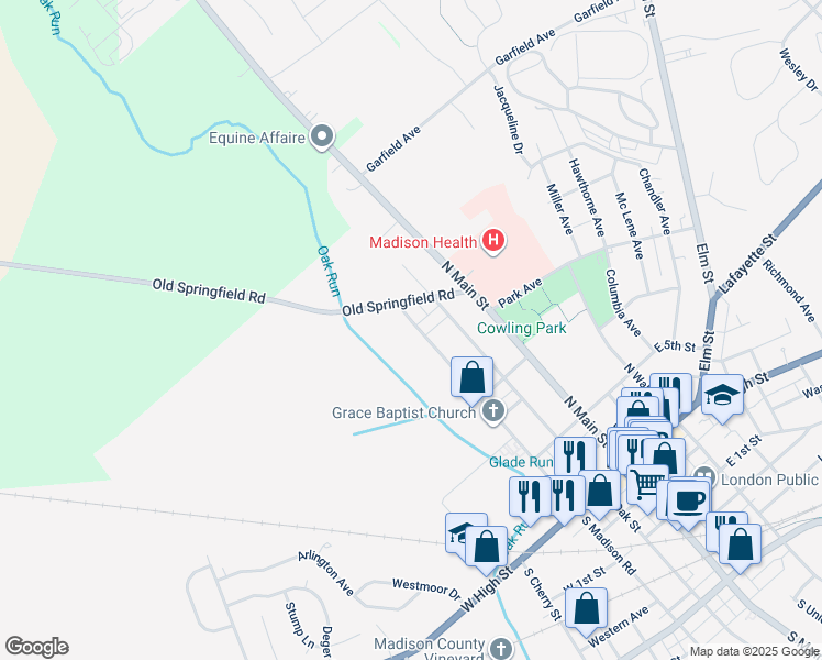 map of restaurants, bars, coffee shops, grocery stores, and more near 208 North Madison Road in London