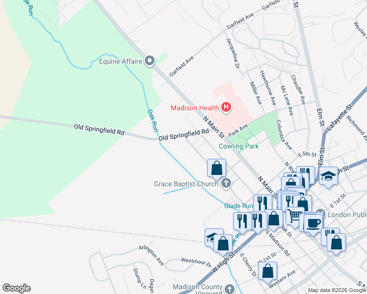 map of restaurants, bars, coffee shops, grocery stores, and more near 208 North Madison Road in London