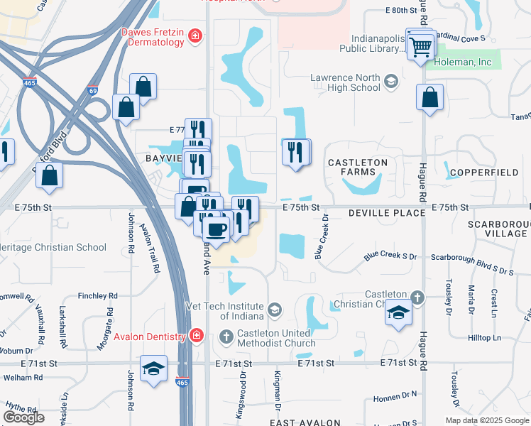 map of restaurants, bars, coffee shops, grocery stores, and more near 7138 Constitution Drive in Indianapolis