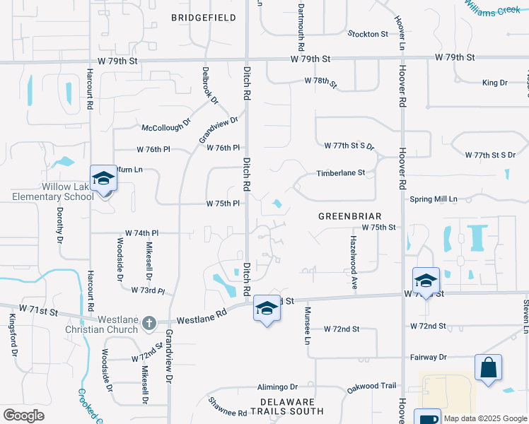 map of restaurants, bars, coffee shops, grocery stores, and more near 1311 75th Court in Indianapolis