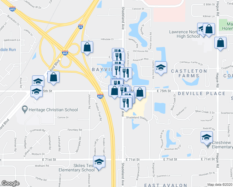 map of restaurants, bars, coffee shops, grocery stores, and more near 7460 Shadeland Avenue in Indianapolis