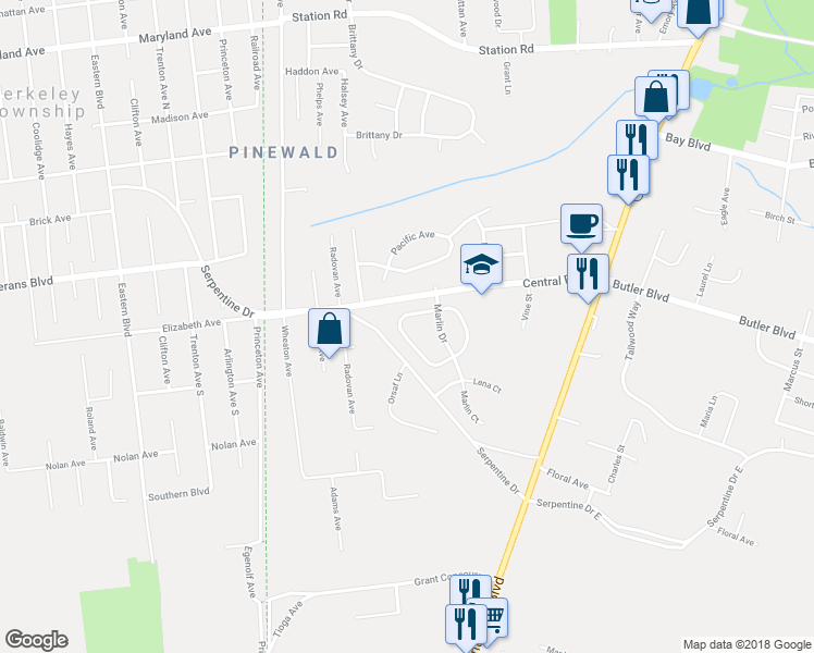 map of restaurants, bars, coffee shops, grocery stores, and more near 19 Dolphin Circle West in Berkeley Township