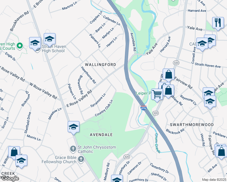 map of restaurants, bars, coffee shops, grocery stores, and more near 219 West Country Club Lane in Nether Providence Township