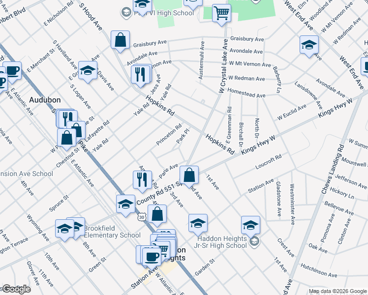 map of restaurants, bars, coffee shops, grocery stores, and more near 222 Park Place in Audubon