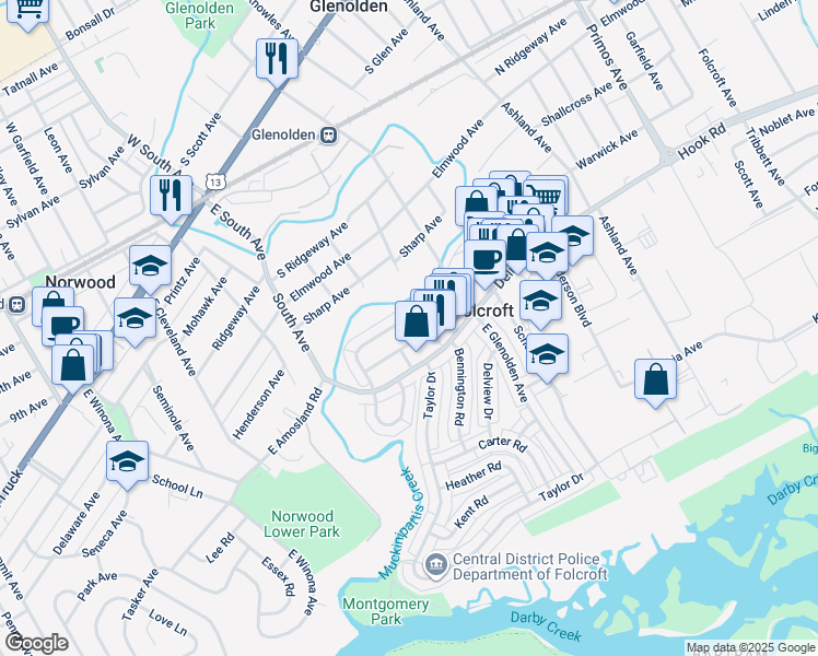 map of restaurants, bars, coffee shops, grocery stores, and more near 2029 Valleyview Drive in Folcroft