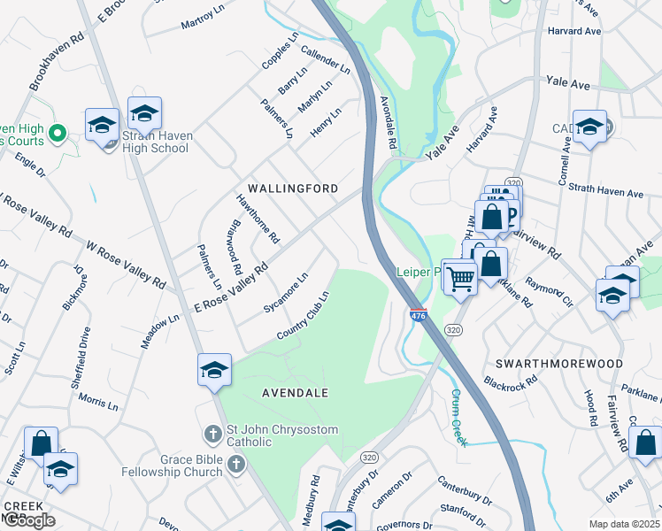 map of restaurants, bars, coffee shops, grocery stores, and more near 219 West Country Club Lane in Nether Providence Township