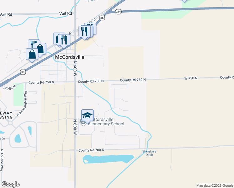 map of restaurants, bars, coffee shops, grocery stores, and more near 5813 West 750 North in McCordsville
