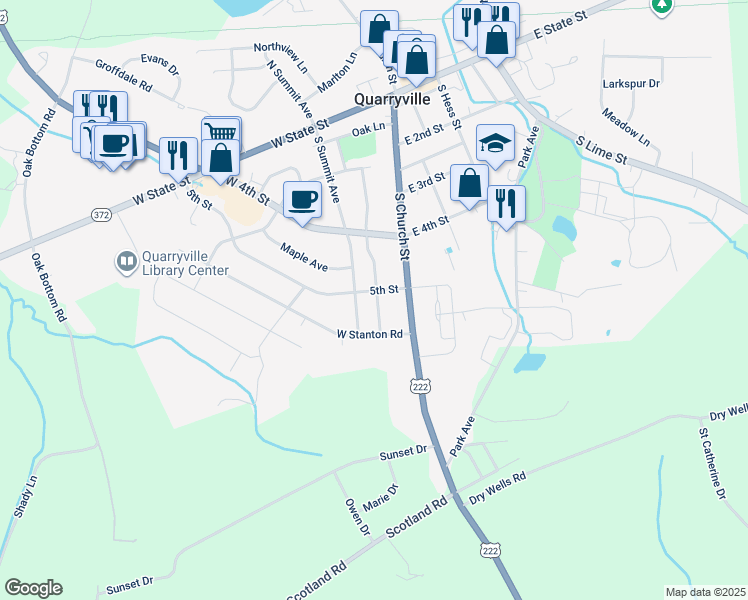 map of restaurants, bars, coffee shops, grocery stores, and more near 323 Hillcrest Avenue in Quarryville