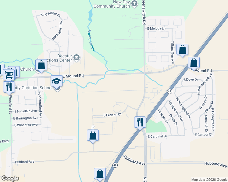 map of restaurants, bars, coffee shops, grocery stores, and more near Finch Street in Decatur