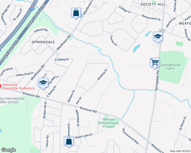 map of restaurants, bars, coffee shops, grocery stores, and more near 1134 Winding Drive in Cherry Hill