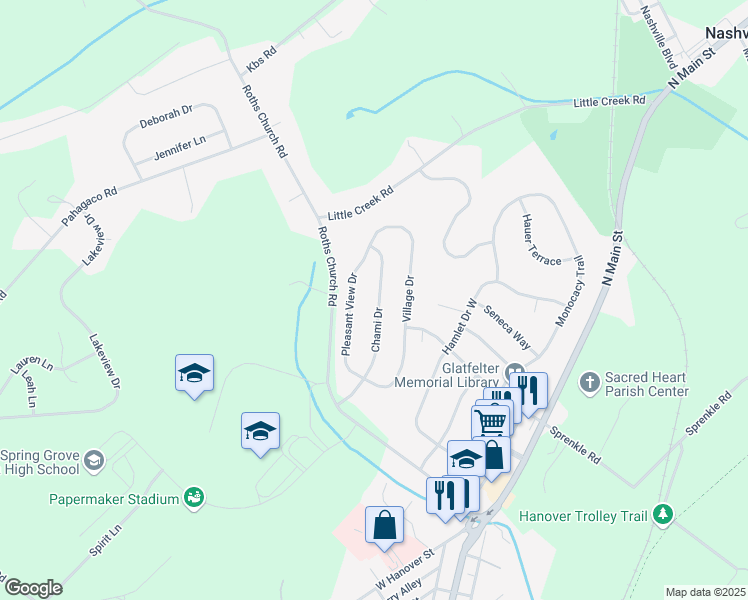 map of restaurants, bars, coffee shops, grocery stores, and more near 1328 Village Drive in Spring Grove