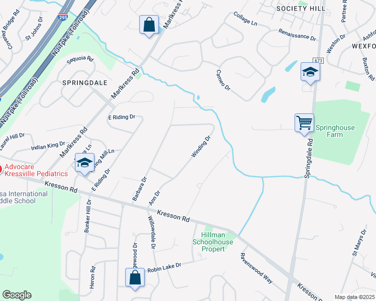 map of restaurants, bars, coffee shops, grocery stores, and more near 1134 Winding Drive in Cherry Hill