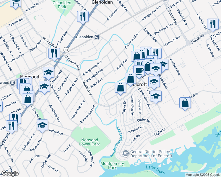 map of restaurants, bars, coffee shops, grocery stores, and more near 2046 Valleyview Drive in Folcroft