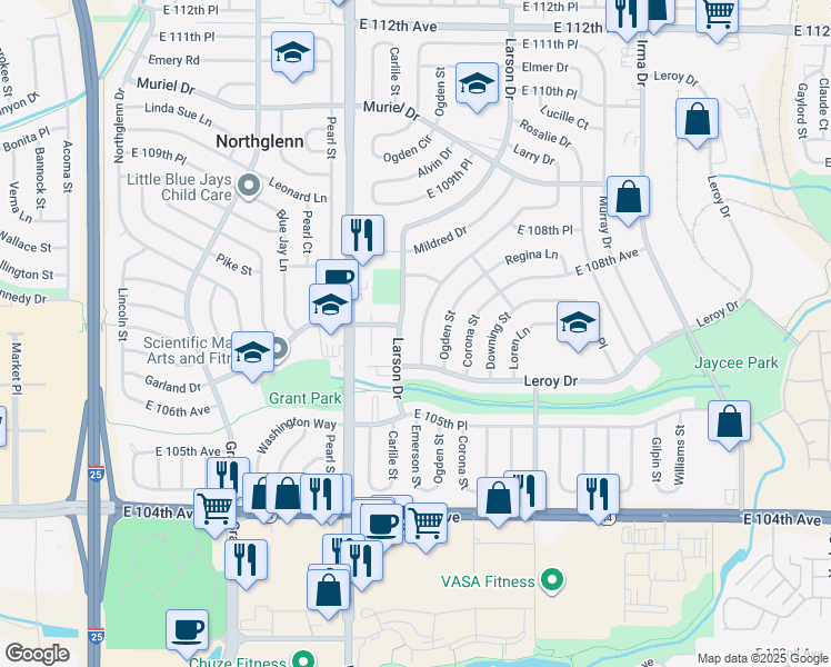 map of restaurants, bars, coffee shops, grocery stores, and more near 10720 Larry Drive in Northglenn