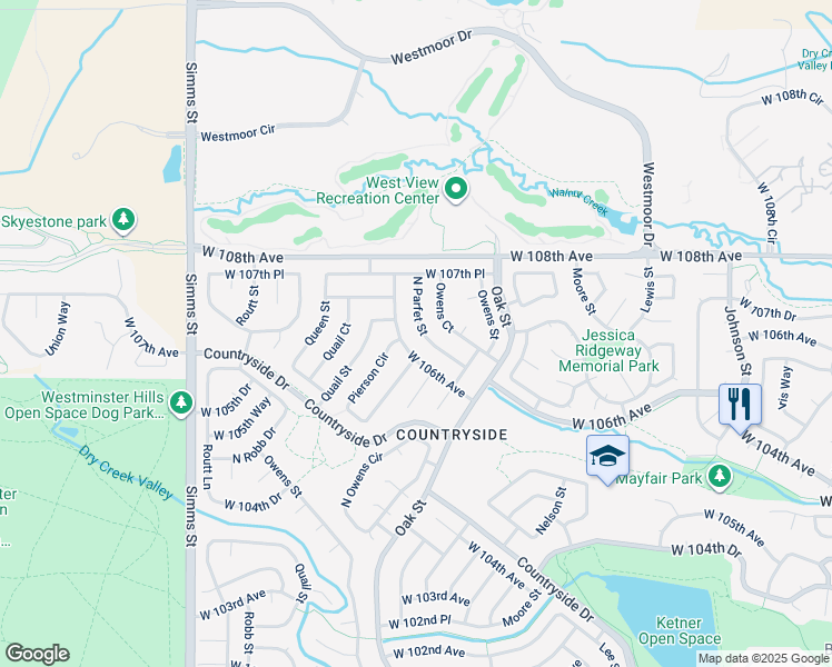 map of restaurants, bars, coffee shops, grocery stores, and more near 10651 North Parfet Street in Westminster