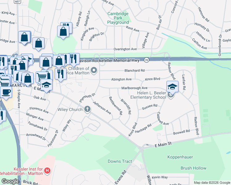 map of restaurants, bars, coffee shops, grocery stores, and more near 23 Marlborough Avenue in Evesham