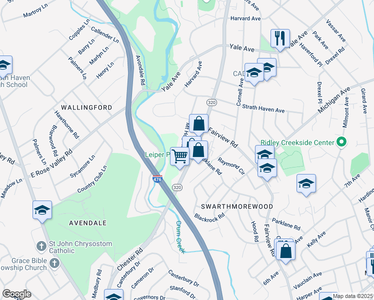 map of restaurants, bars, coffee shops, grocery stores, and more near 640 South Chester Road in Swarthmore