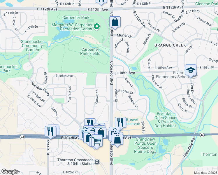 map of restaurants, bars, coffee shops, grocery stores, and more near 10719 Albion Street in Thornton