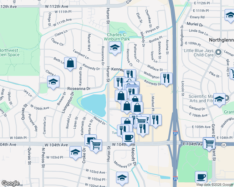 map of restaurants, bars, coffee shops, grocery stores, and more near 10648 Huron Street in Northglenn