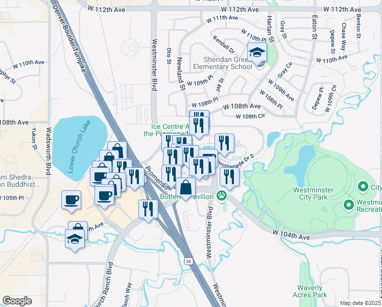 map of restaurants, bars, coffee shops, grocery stores, and more near 10516-10632 Westminster Boulevard in Westminster