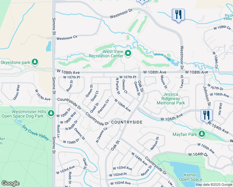 map of restaurants, bars, coffee shops, grocery stores, and more near 10651 North Parfet Street in Westminster